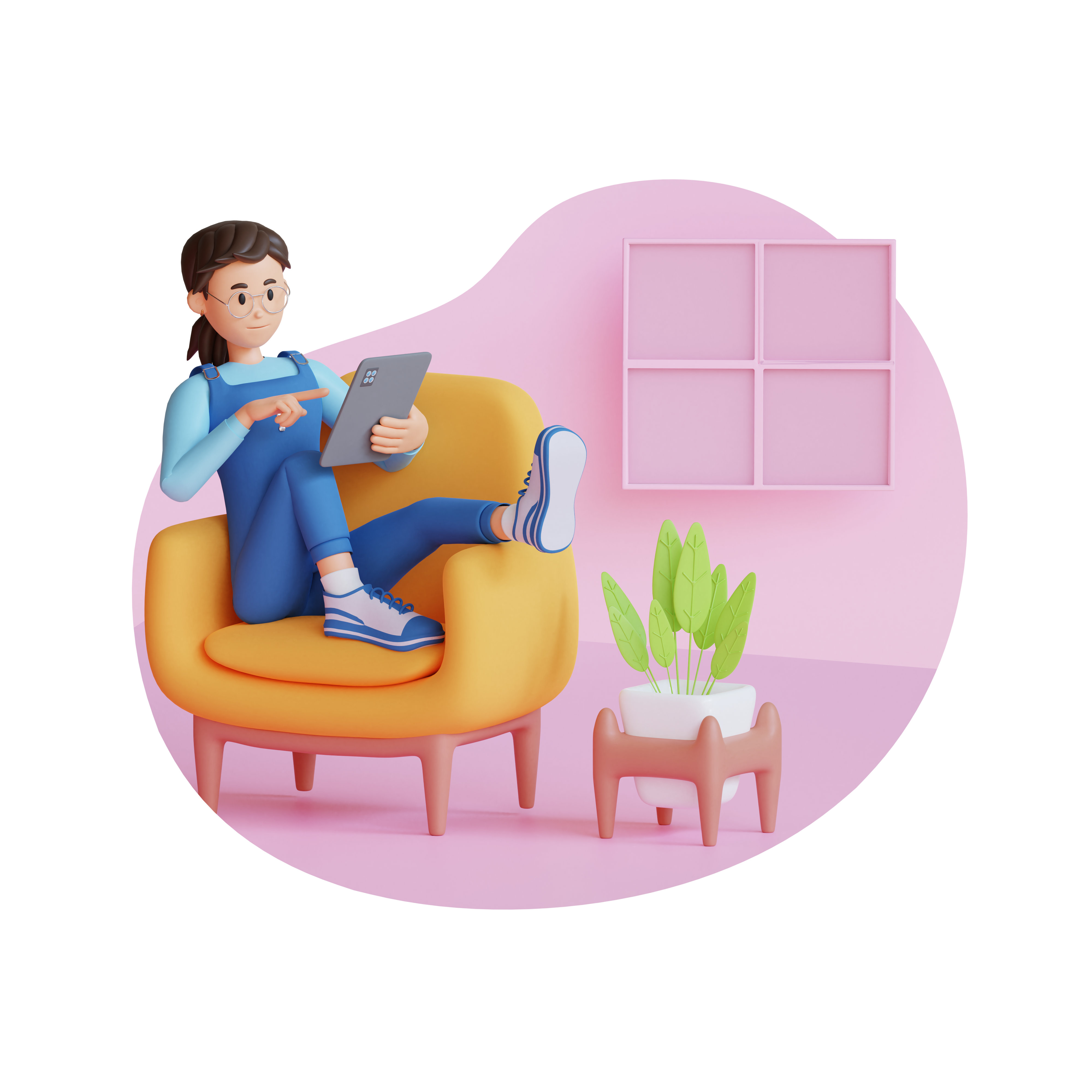 Illustration cartoon style of a girl in a sofa holding a computer